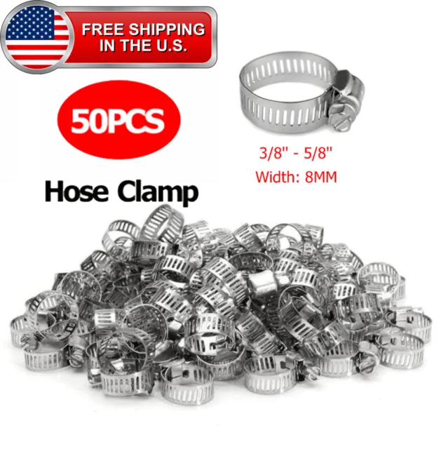 50pcs HOSE CLAMPS 3/8" to 5/8" Adjustable Steel Band Worm Clip Universal Fit New