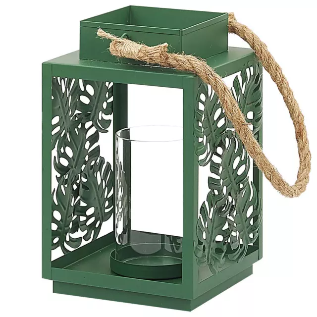 Lanterne Décorative Bougeoir Orné de Feuilles en Métal Vert 25 cm de Hauteur Id