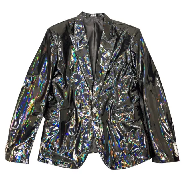 Hommes Blazer Veste Laser Holographique Brillant Haut Faux Cuir Scène Club Suit