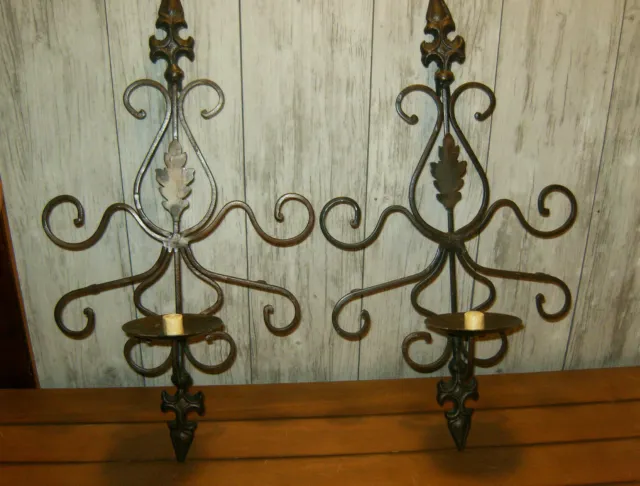Set of 2 Black Iron Scrolled Metal Wall Artisanal Sconce Pair Candle Holder 22"H