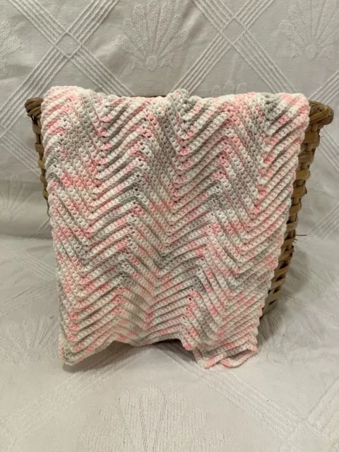 New!!! Handmade Crochet Throw/Baby Blanket in Pink/Grey Chevron Pattern