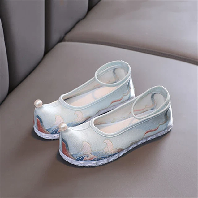 Cinese Bambino Ragazze Floreale Ricamato Rete Tela Scarpe Balletto Mocassini Per 8