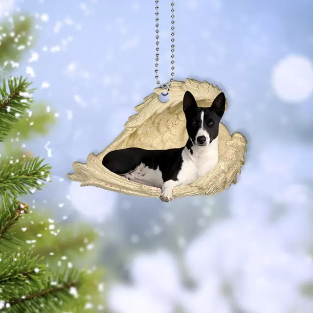 Black white basenji dog sleeping Angel Wings Christmas hanging car Ornament Gift 2