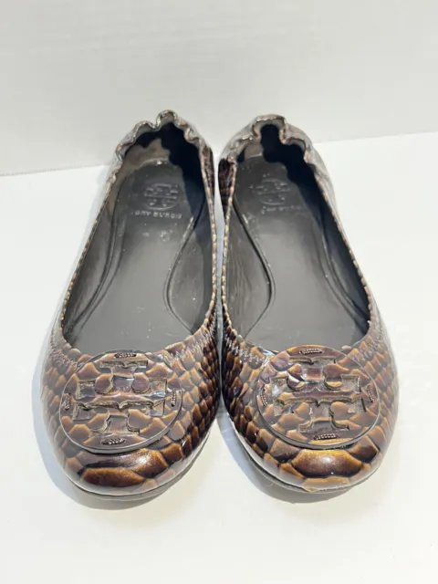 Tory Burch Reva Dark Brown Patent Leather Ballet Flats Snakeskin” Pattern Sz 10
