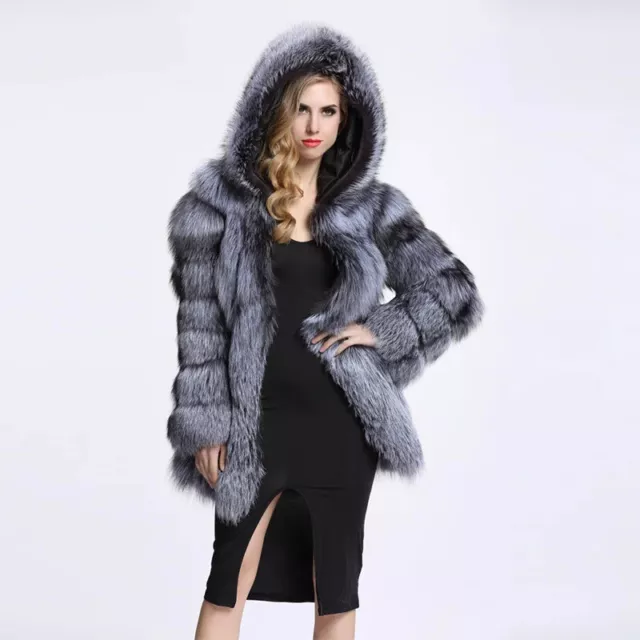 WINTER WOMEN'S FAUX fox fur coat with a hood and thick warm artificial ...