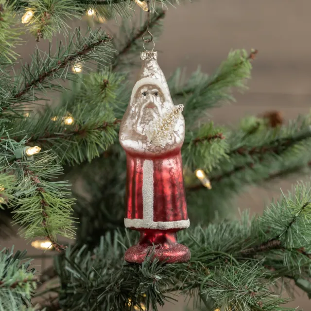 Ragon House Red Glass Belsnickle Santa w/white bottle brush tree ornament, NWT