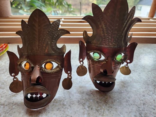 (2) Vintage Mexican Metal Masks Wall Art Glass Marble Eyes African Tribal Copper