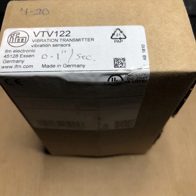 ifm VTV 122, vibration transmitter.  0-1"/sec, 4/20 ma dc output. New