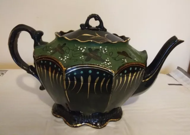 Vintage Redware Moriage Hand Painted Unique Black Green Teapot Gold Trim **Pics