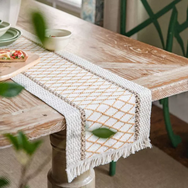 Farmhouse Table Runner 180cm Boho Vintage Woven Cotton Linen Table Decorations