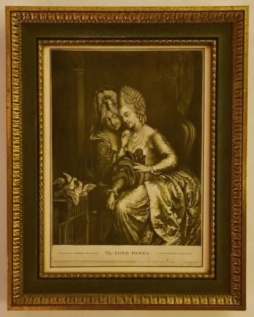 Antique Mezzotint of 'The Fond Doves' date 1784, dove print, decorative print