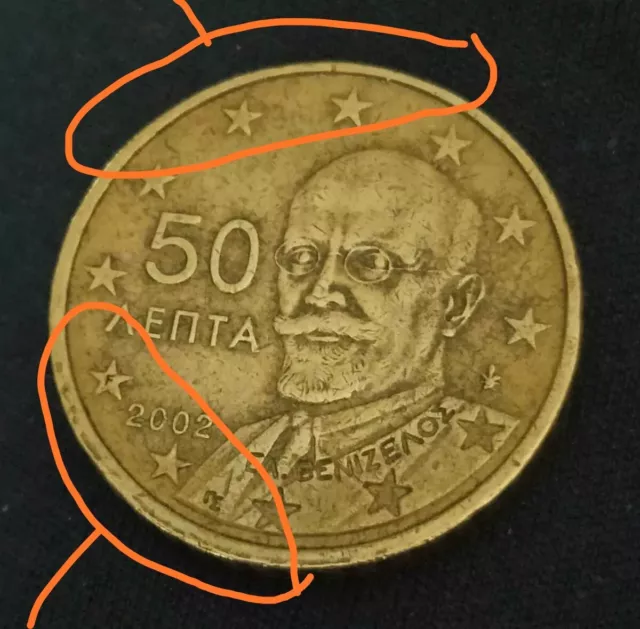 Moneda de 0,50 euros de Grecia año 2002 ceca F error descentrada