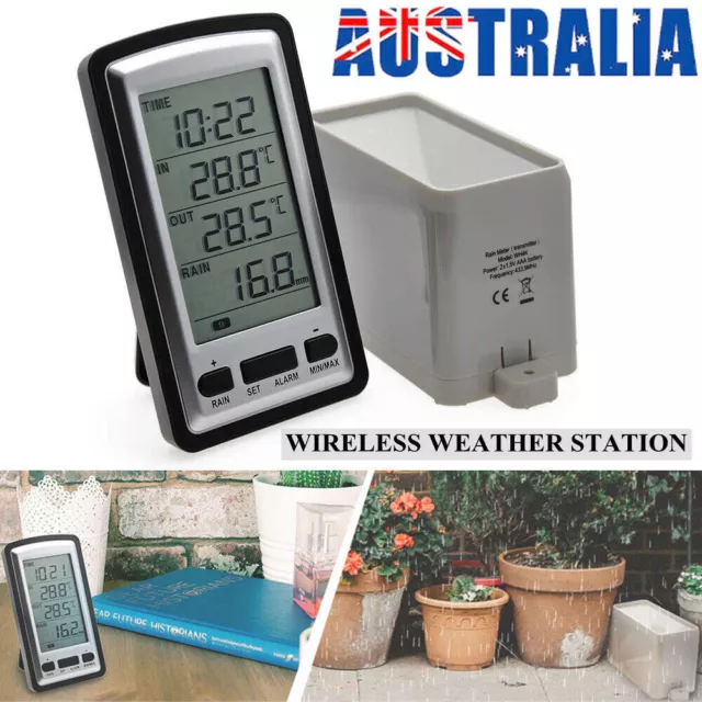 Wireless Weather Station Thermometer LCD Digital Alarm Clock Rain Gauge Meter AU