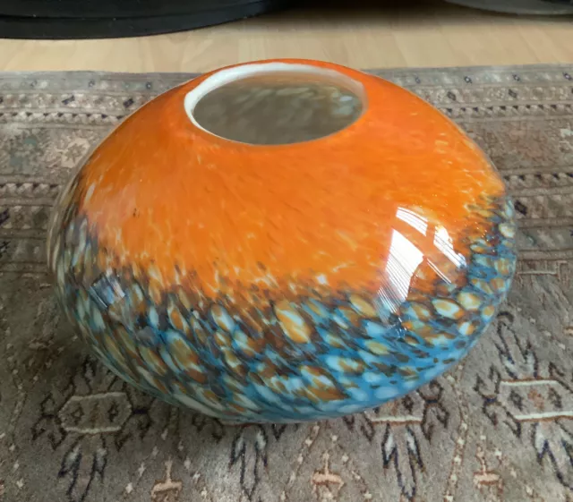 Delightful Vintage Multi Coloured Glass Squat Vase Orange and Turquoise Etc