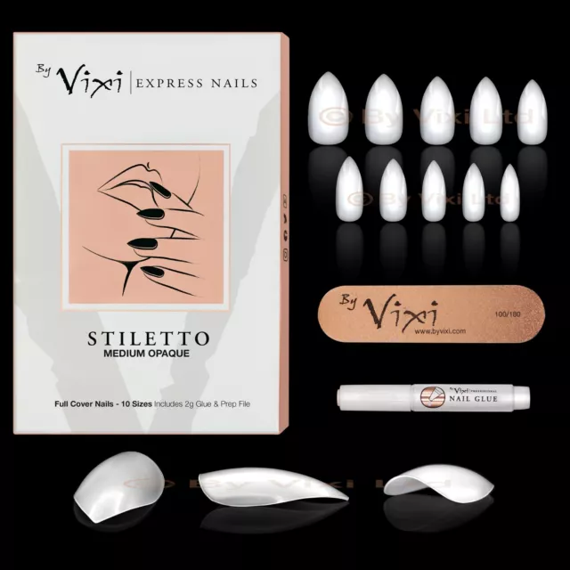 600 POINTED STILETTO False NAILS FULL COVER Natural Opaque Tips 💖FREE Vixi GLUE 3