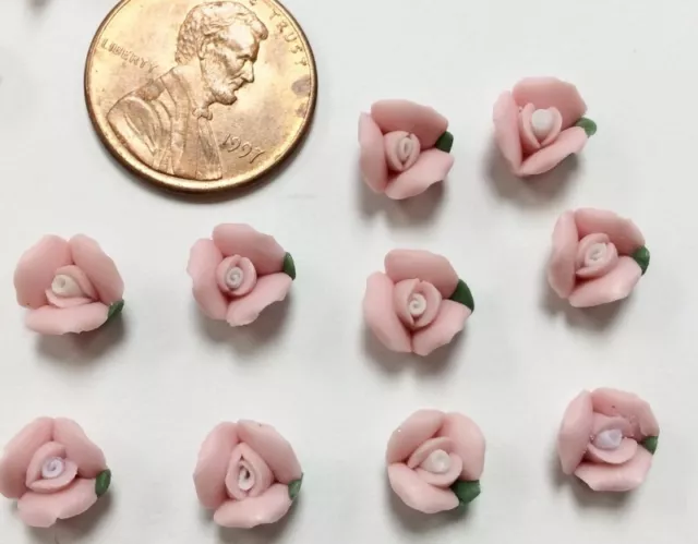 12 VINTAGE HANDMADE PORCELAIN ROSE FLOWER PINK 8mm. CAMEO CABOCHONS CF2