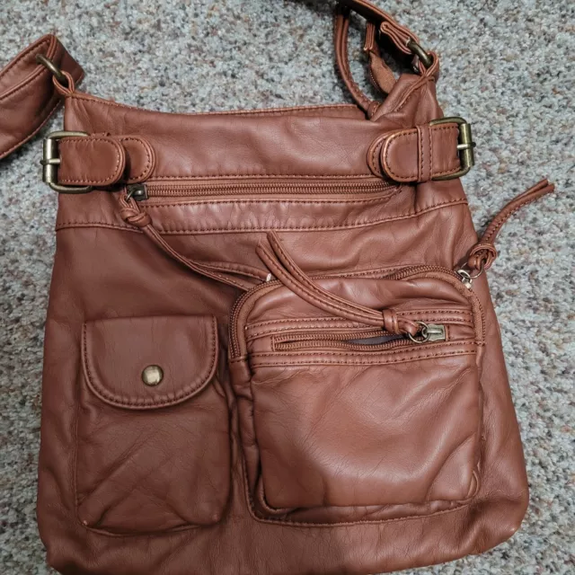 Ultra soft medium size Multi Pocket Cross Body Hand Bag purse brown faux leather