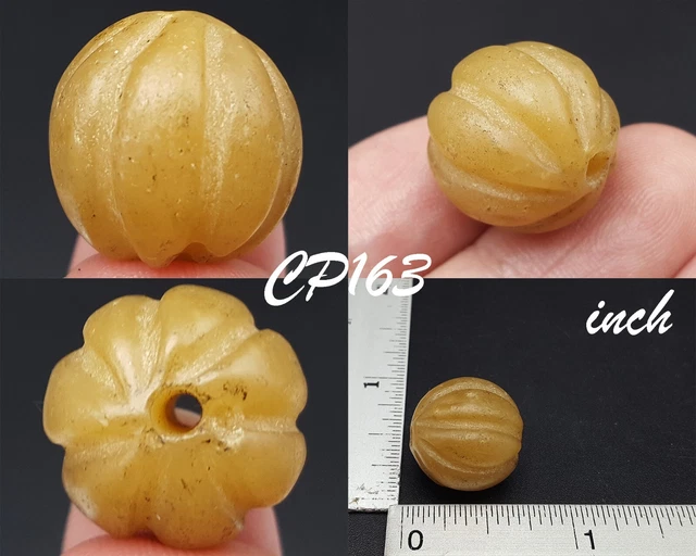 Very Rare Natural Yellow Jade Hand Carved Bead MELON Pumpkin Handmade #CP163a
