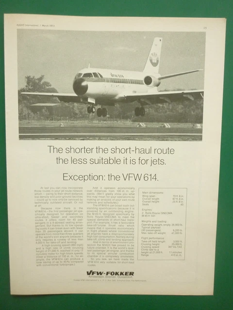 3/1973 Pub Vfw Fokker Avion Vfw 614 Aircraft Flugzeug Original Ad