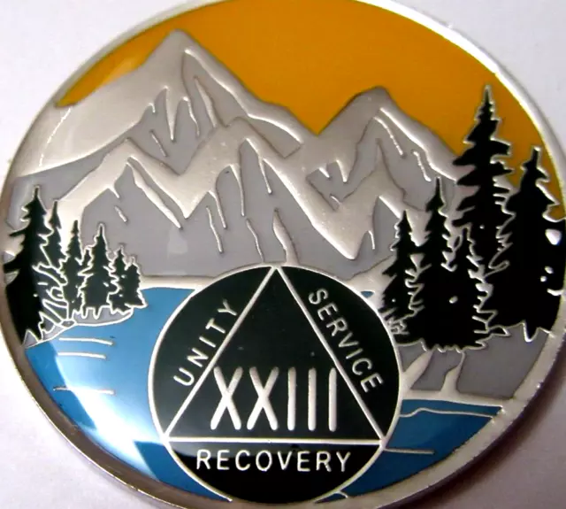 Moneda medallón de plata azul montaña verde Alcohólicos anónimos 23 años AA ficha