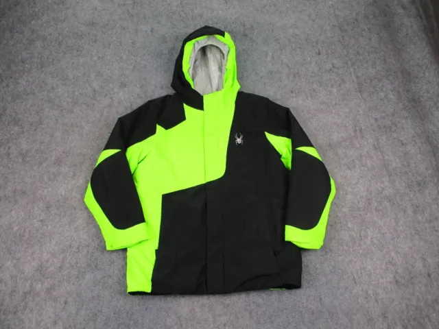 Spyder Jacket Boys XL Green Black Ski Coat Parka Hooded Full Zip Snowboard Neon