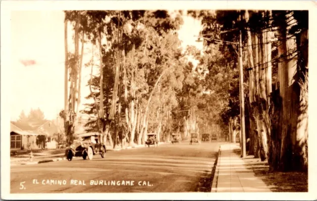 Vintage RPPC Postcard- Burlingame CA El Camino Real Old Cars Street Scene