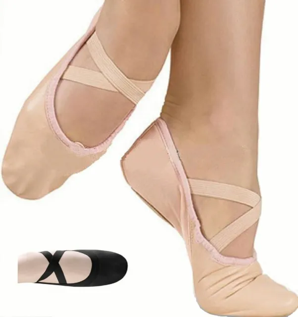 Ballet Dance Leather Shoes Full Sole Children's & Adult's Sizes Crossed Elastics