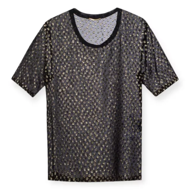 NWT $1290 Saint Laurent Black Gold Metallic Polka Dot Sheer Blouse FR 36, US 4 2