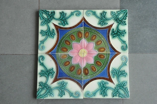 4 Pc Vintage D.K Mark Star/Floral Design Picture Colorful Ceramic Tiles , Japan