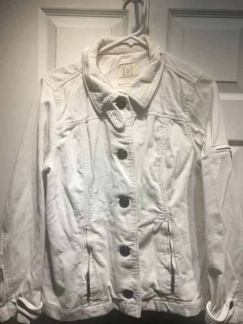 -Womens Jacket Solid White Long Sleeves Corduroys Button Down LARGE