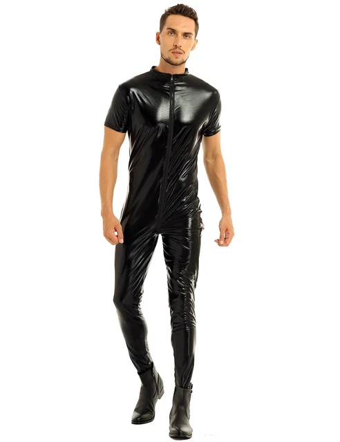 Mens full-body Zipper Crotch Leotard Bodysuit Jumpsuit Catsuit Singlet Underwear