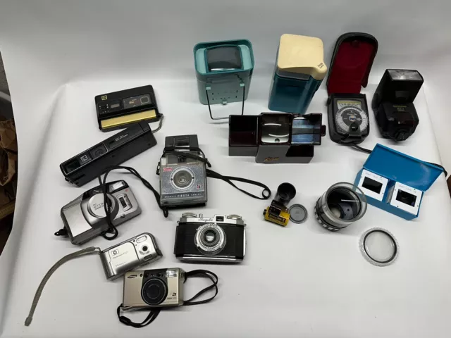 Vintage Photography Lot Of 17 Cameras Lenses Flash Film Slide Viewer Untested