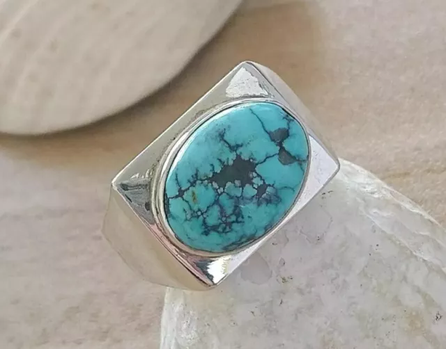 11g QUALITY Chunky Sterling Silver Turquoise Signet Ring 925 (O) UNISEX