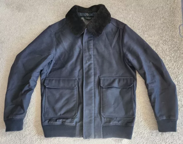 BROOKS BROTHERS MENS Navy Blue Fur Collar Wool Bomber Jacket Sz