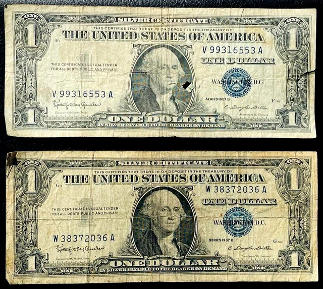 1957 $1 Silver Certificate LOT OF 2 1957-B Banknotes One 1 Dollar Bills Series B