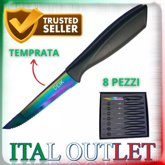 Set 8 Coltelli Bistecca Acciaio temprato arcobaleno Professionali Cucina