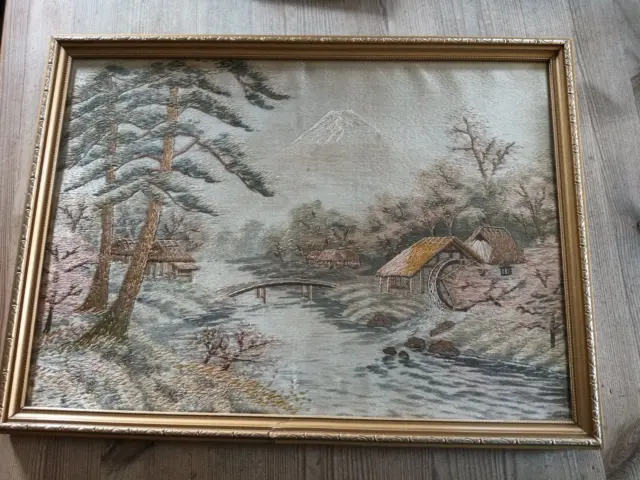 Exquisite Fine Hand Worked Silk Embroidery Needlework Oriental Framed