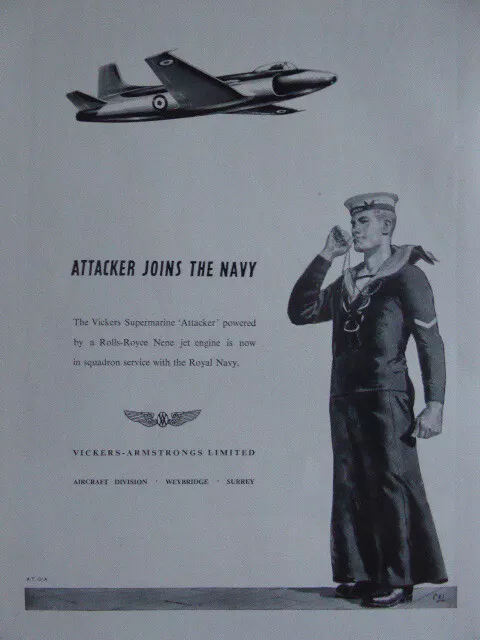 11/1951 Pub Vickers Armstrongs Supermarine Attacker Royal Navy Original Ad