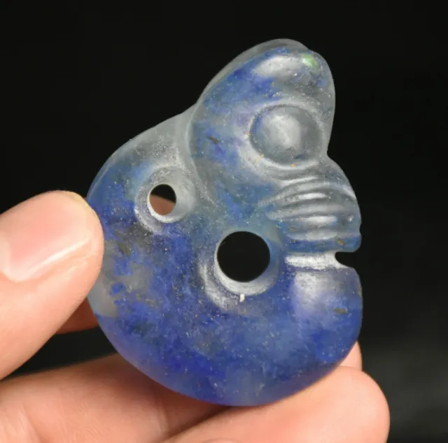 2" Chinese Hongshan Culture Blue Crystal Carved Pig Dragon Amulet Pendant H0011