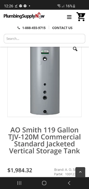 AO Smith 119 Gallon TJV-120M Commercial Standard Jacketed Vertical Storage Tank