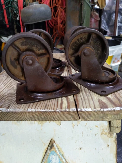 4 Vtg INDUSTRIAL CASTER  Atq Cast Iron Metal Factory Cart Kitchen Island Wheels
