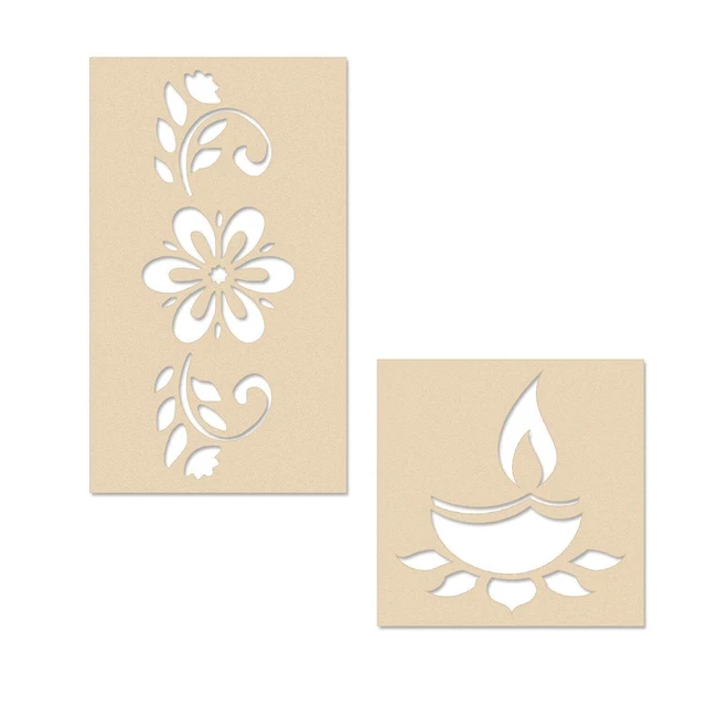 Indien Traditionnel Floral Sol Rangoli Woodden Pochoirs Petit Design Set De 2