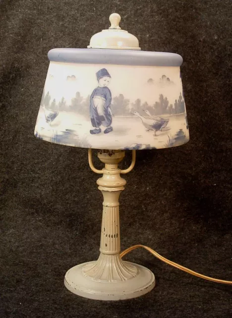 Antique Edward Miller Cast Metal Lamp Dutch Boy Girl & Geese Satin Glass Shade