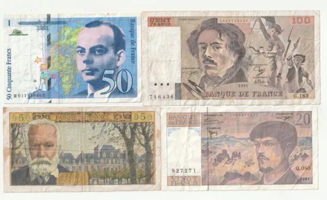 4 X France Banknotes,5,20,50,100 Francs