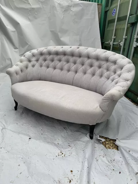 Antique French 19th Century button back sofa, grey linen, original turned legs