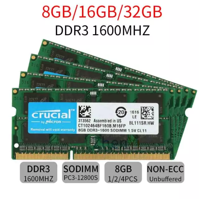 32GB 16GB 8GB PC3-12800 DDR3 1600MHz SODIMM 204Pin Laptop Memoria RAM Crucial IT