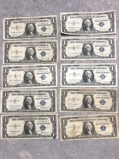 Vtg 2B Lot of 10 1935  And 1957 US $1 Blue Seal Silver Certificates Nice Group