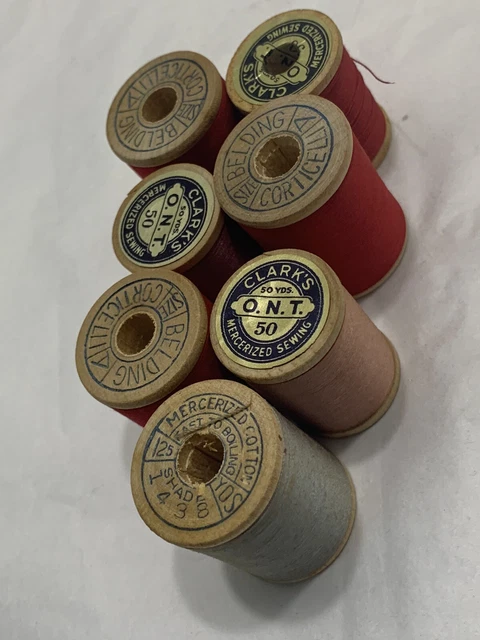 Antique 7 Wooden Spools Cotton Thread Sewing #7