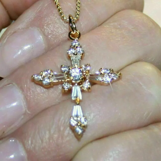 2.20Ct Baguette Cut Diamond Cross Pendant Necklace 14K Yellow Gold Finish