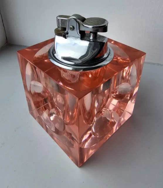Vintage Pink Glass Ice Cube Effect Table Lighter